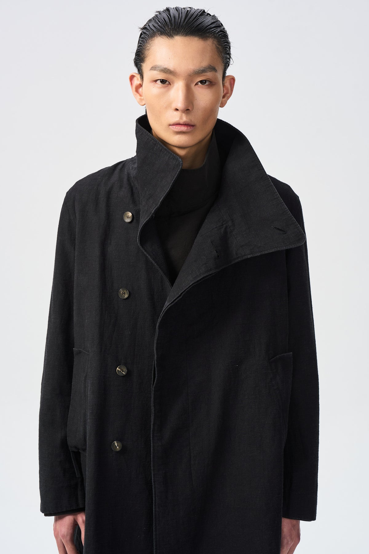 SENNE SPLIT COAT — open front and collar detail — ATTEMPT AW26