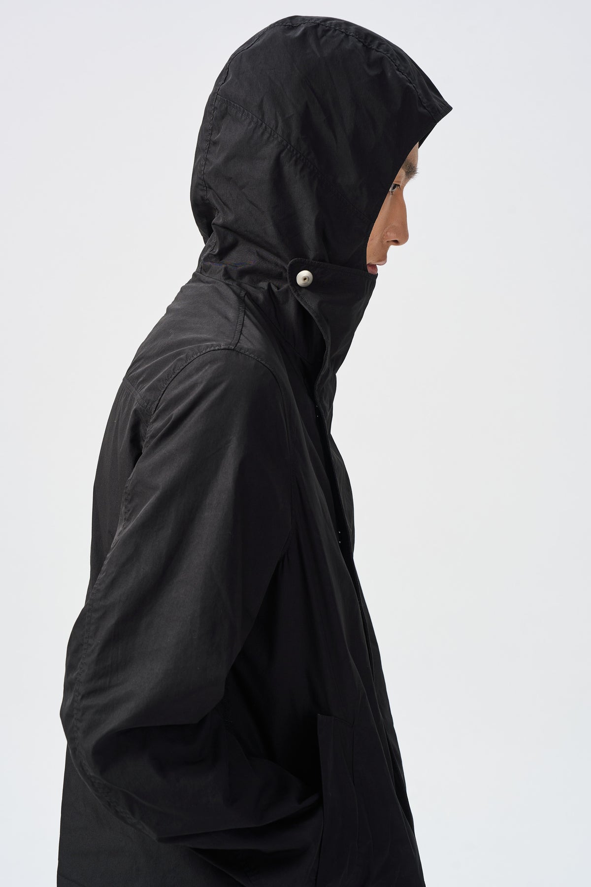 LORN OVER-SHELL COAT — hood and collar fastening detail — ATTEMPT AW26
