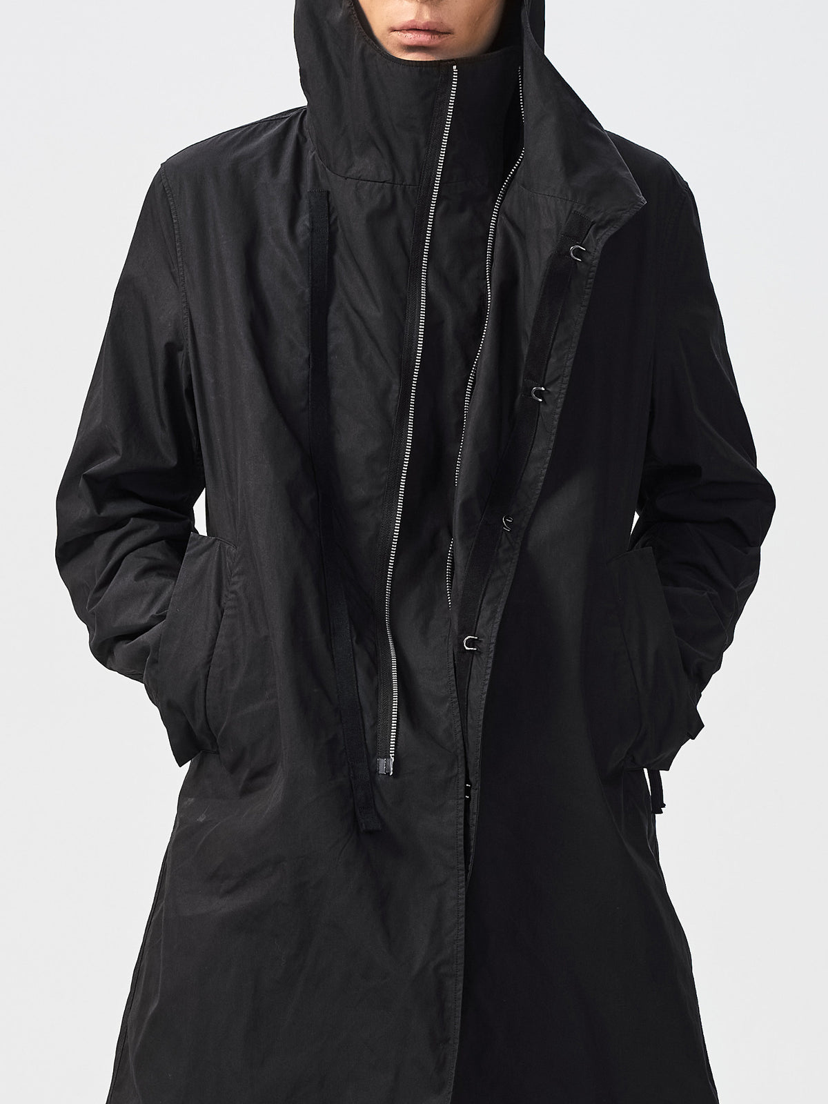 LORN OVER-SHELL COAT — open layers and inner fastening detail — ATTEMPT AW26