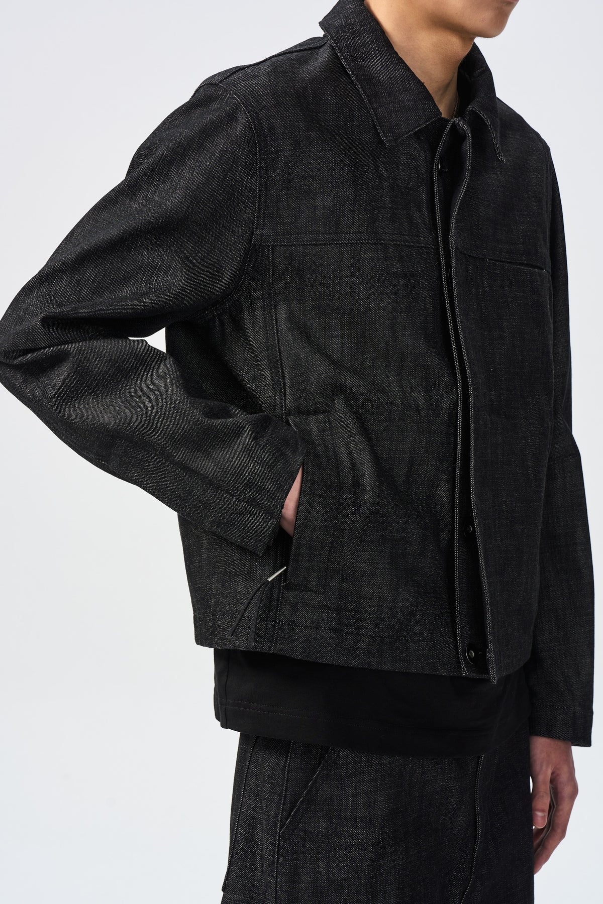 VALL AXIS JACKET — front placket pocket and denim detail — ATTEMPT AW26