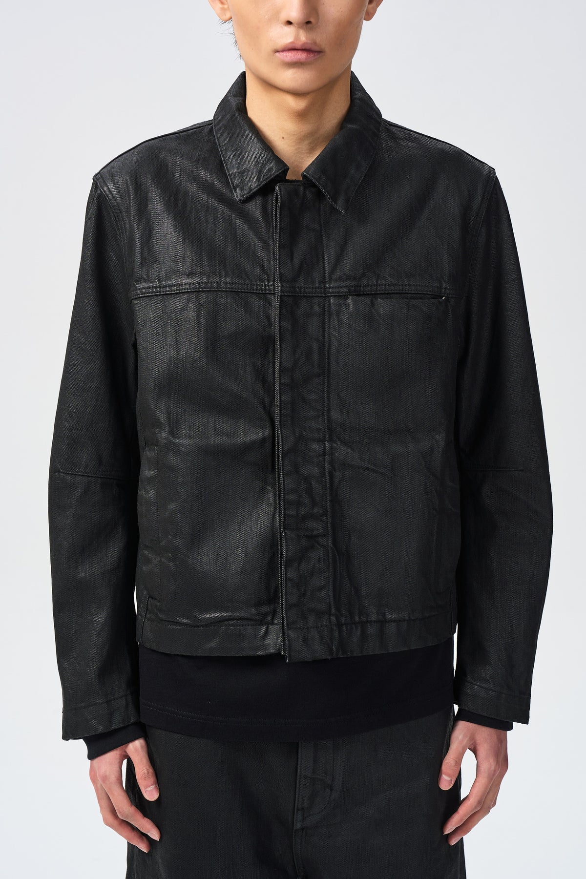 VALL AXIS JACKET — collar yoke and waxed surface detail — ATTEMPT AW26