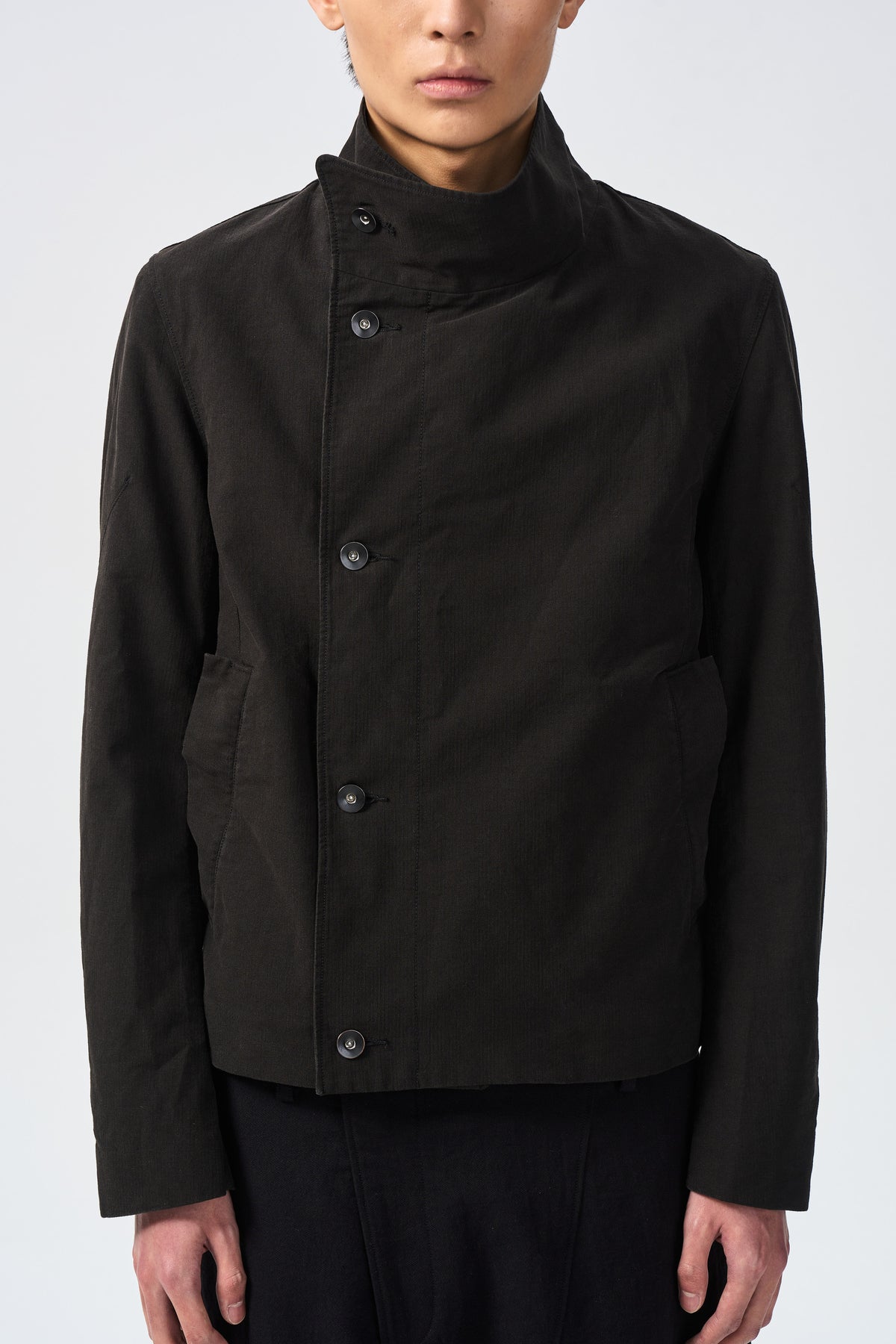 ARNO OFFSET JACKET — offset collar and front fastening detail — ATTEMPT AW26