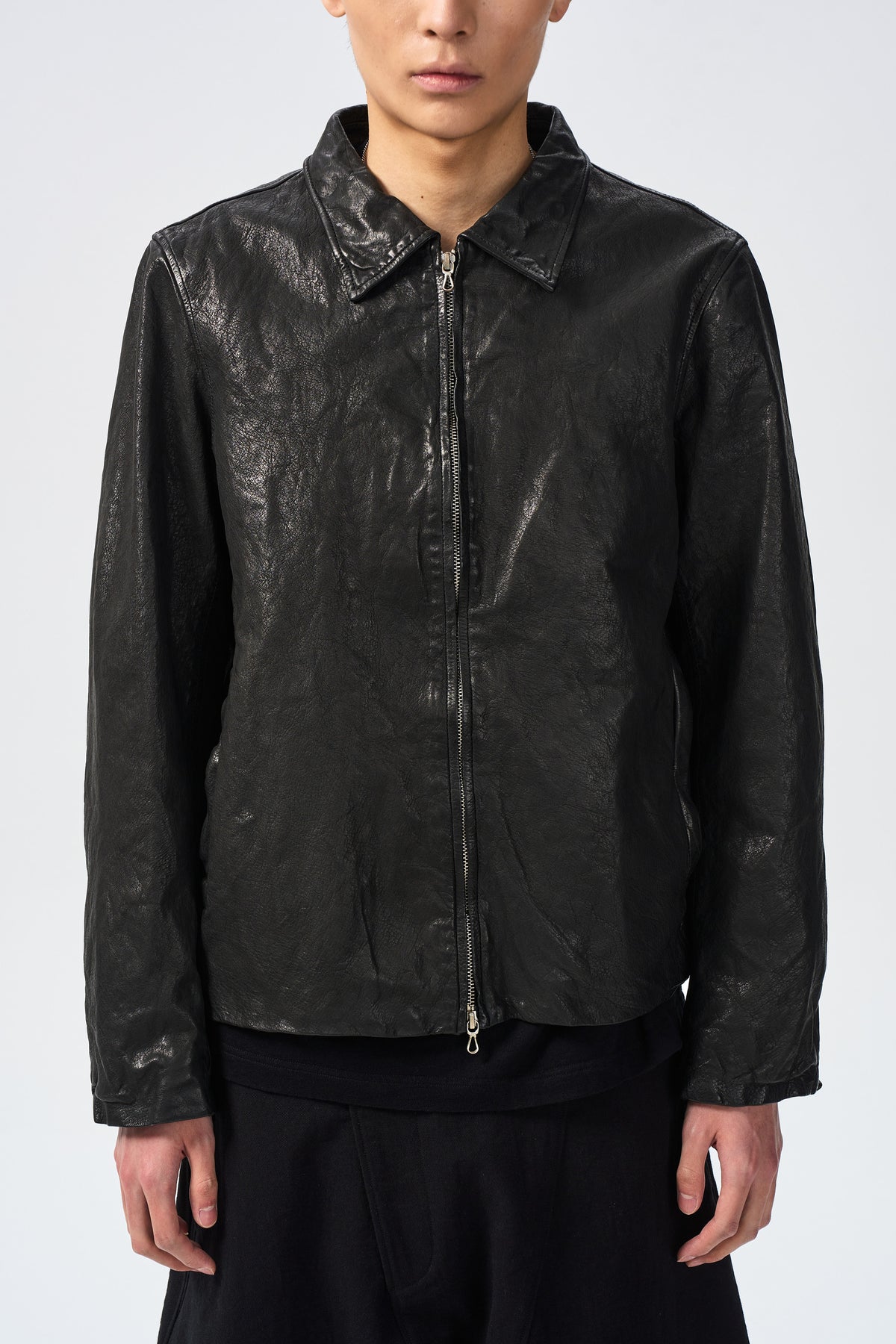 HORSEHIDE ZIP JACKET — collar front zip and leather detail — ATTEMPT AW26