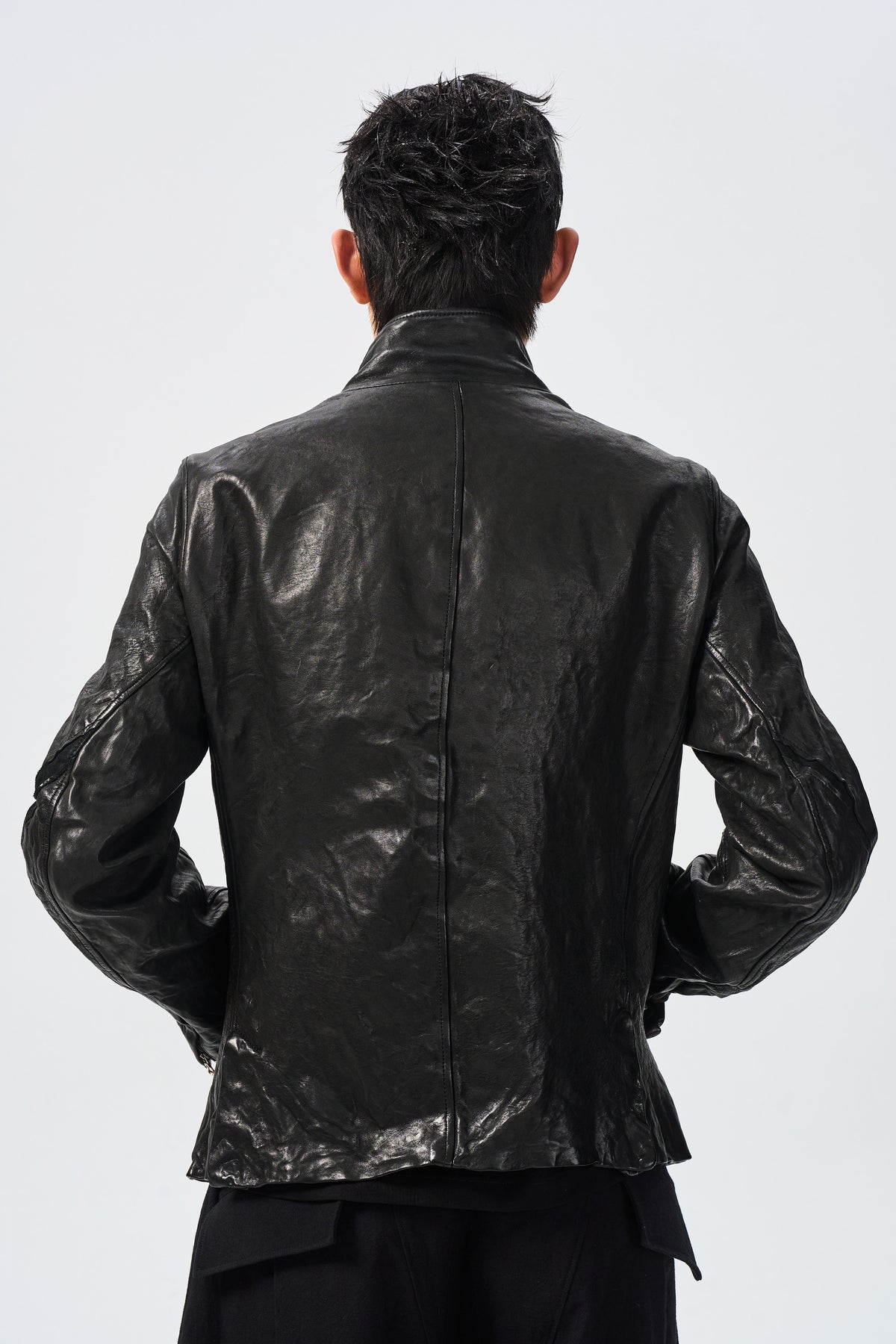 HORSEHIDE CLASP JACKET — back seams and leather texture detail — ATTEMPT AW26